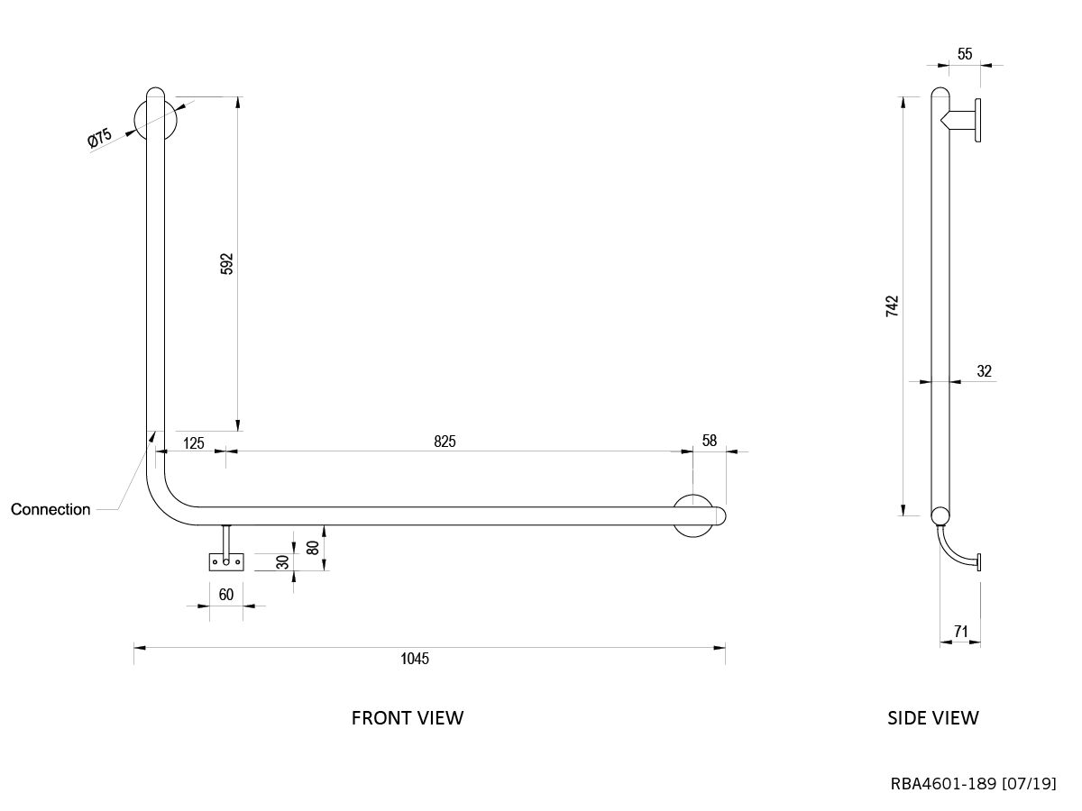Reece Raffaello Accessible Stainless Steel Grab Rail 90 Degree Right Hand 950mm X 700mm Bright