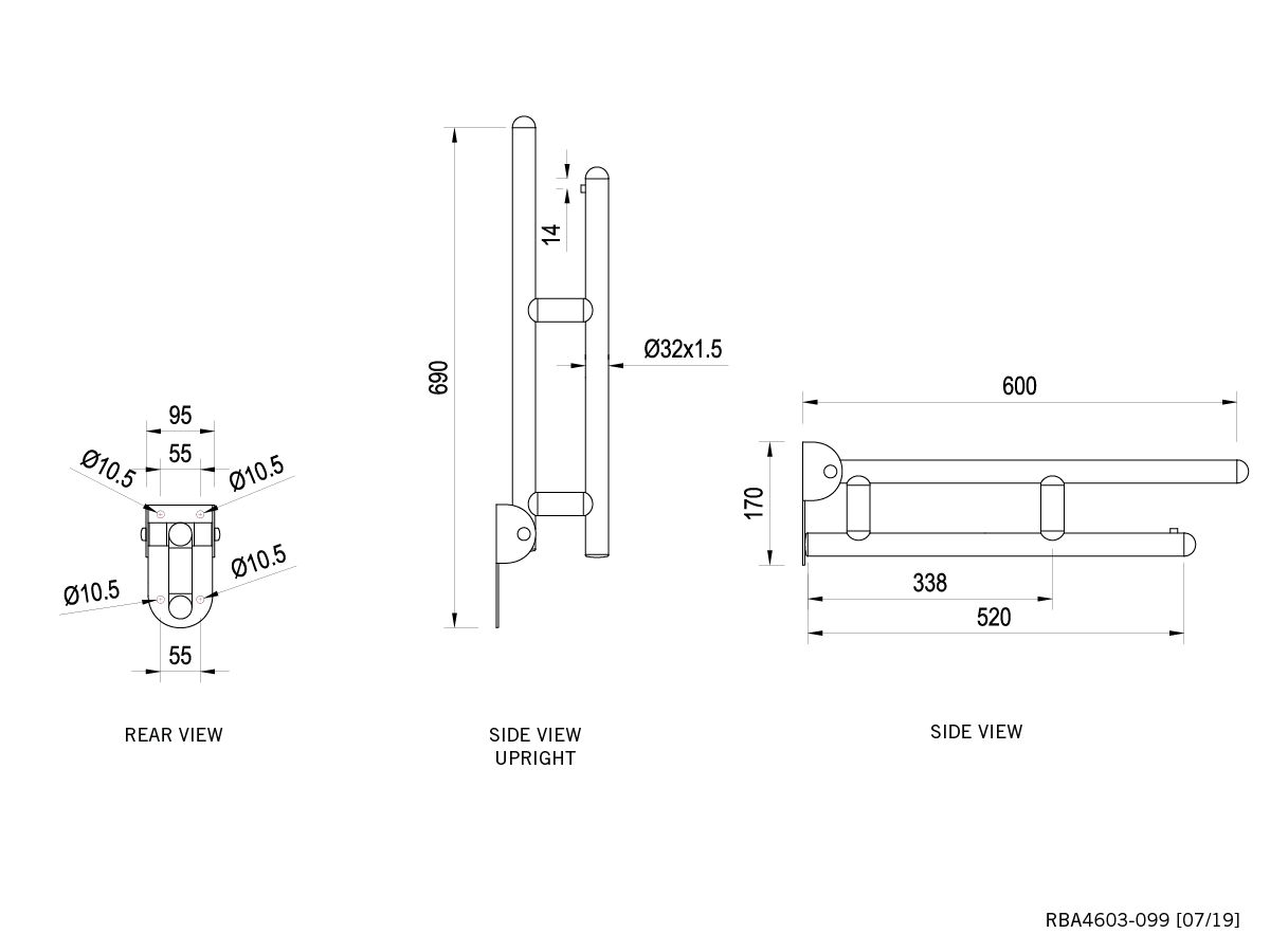 Reece Raffaello Drop Down Rail 610mm Stainless Steel Bright