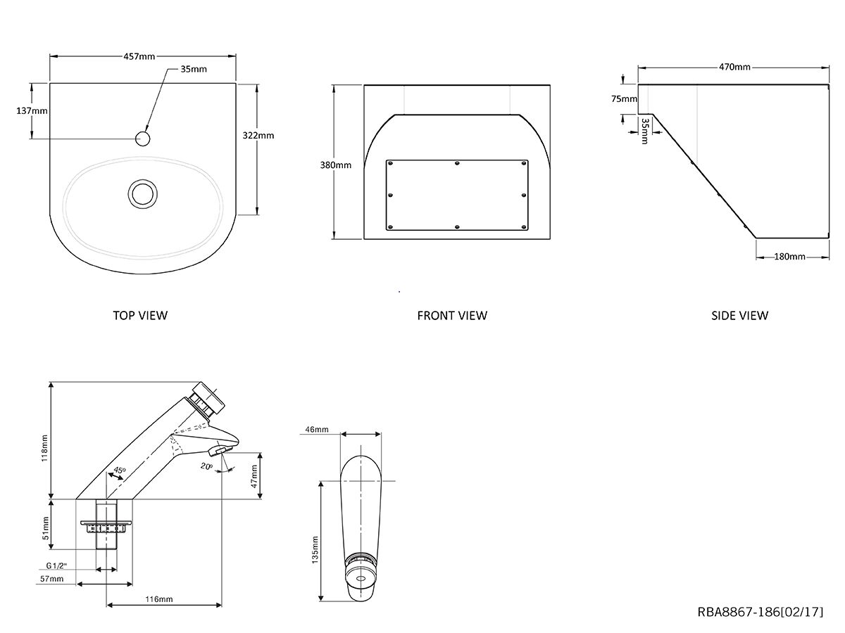 Reece RBA Benefit Wall Mounted Basin With Compliant Tapware (6 Star) Stainless Steel