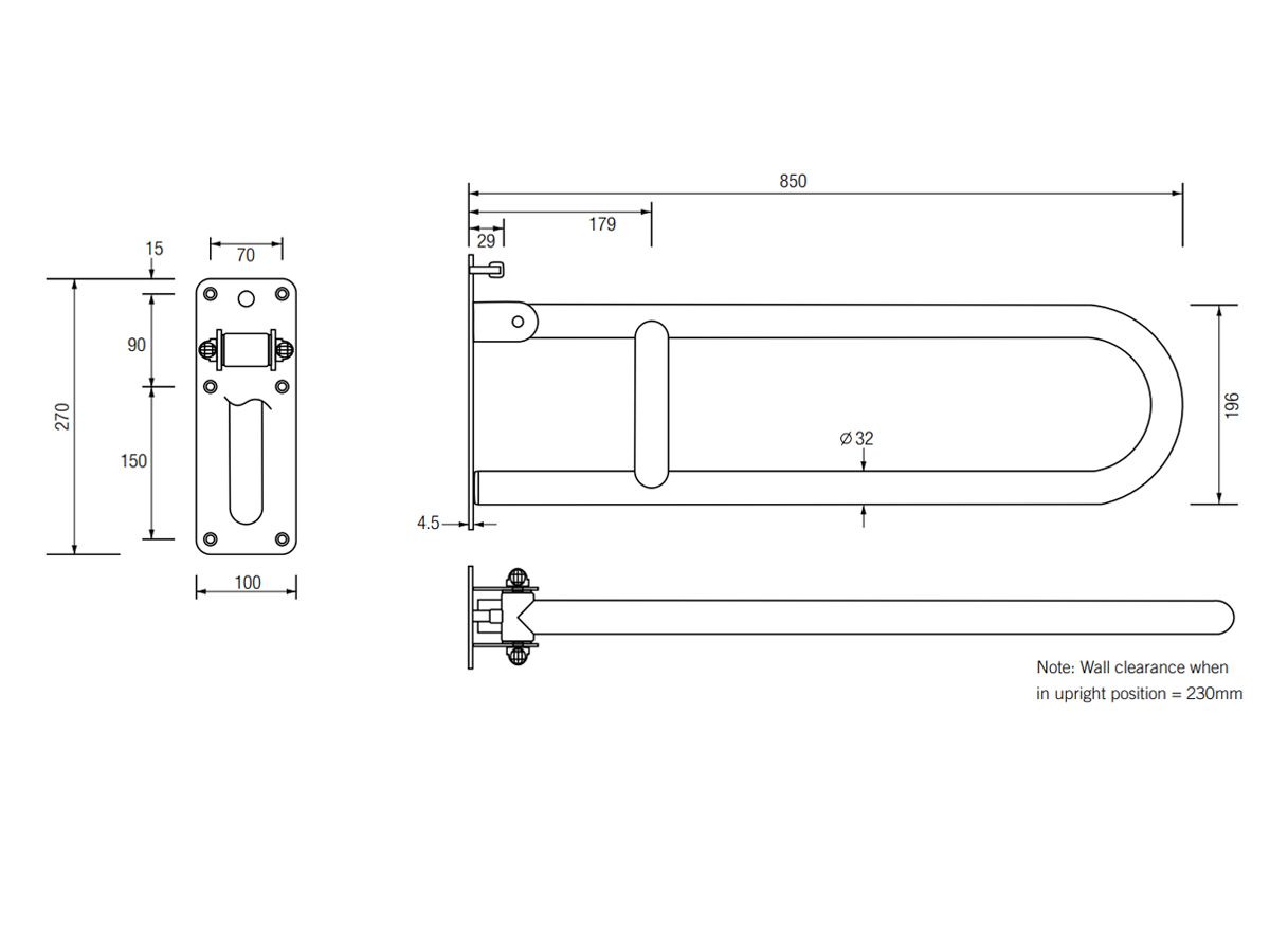 Reece RBA Drop Down Grab Rail 850mm Satin Stainless Steel