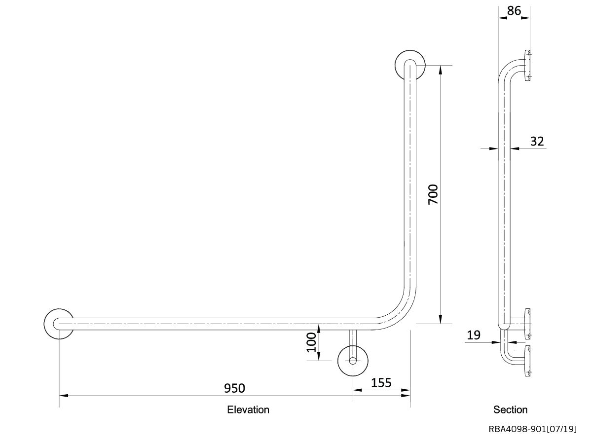 Reece RBA Grab Rail 90 Degree 950 X 700 High Left Hand Stainless Steel Polished