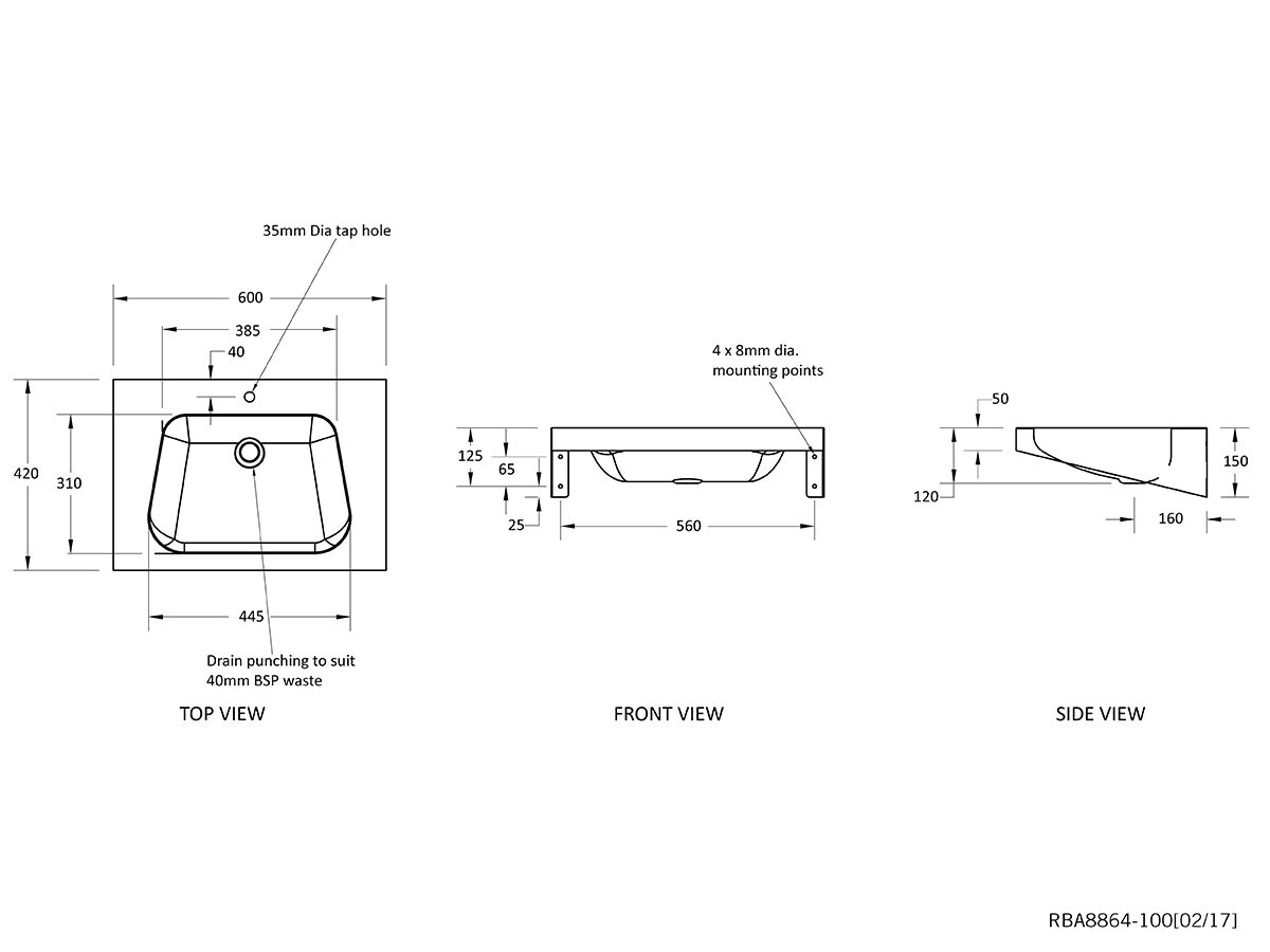 Reece RBA Heavy Duty Wall Basin 1 Taphole Stainless Steel