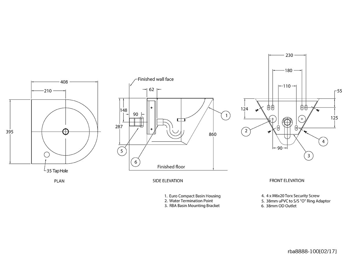 Reece RBA Security Front Fixed Basin 1 Taphole Stainless Steel