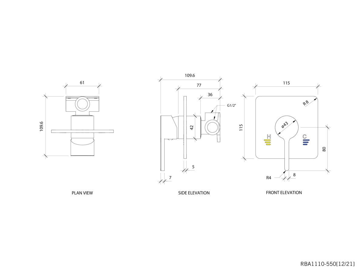 Reece RBA Shower Mixer Square Care Plate Oken Handle