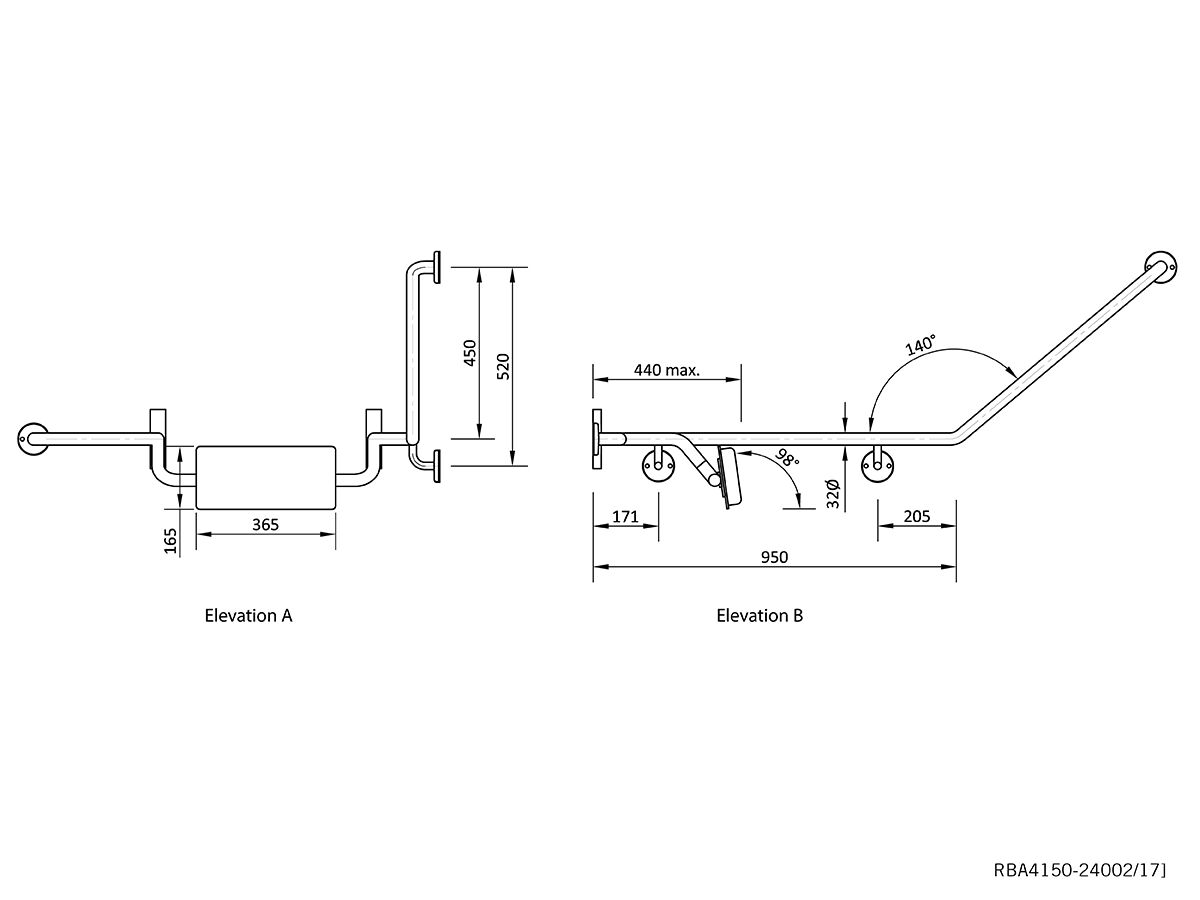 Reece RBA Wall Grab Rail Left Hand With Poly Backrest 40 Degrees Stainless Steel
