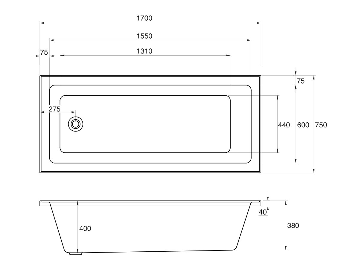 Reece Base Acrylic Bath 1700 X 750 X 400mm White