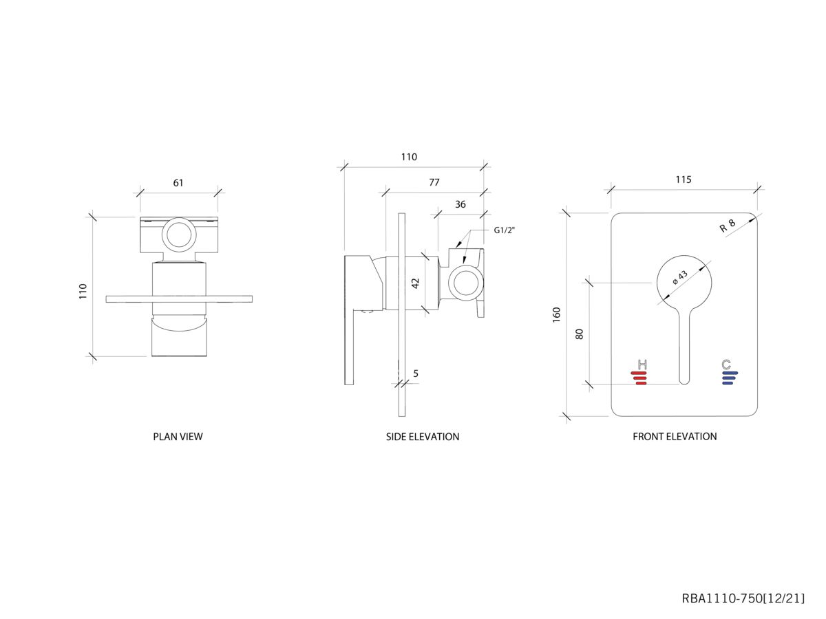 Reece RBA Shower Mixer Rectangle Plate Oken Handle