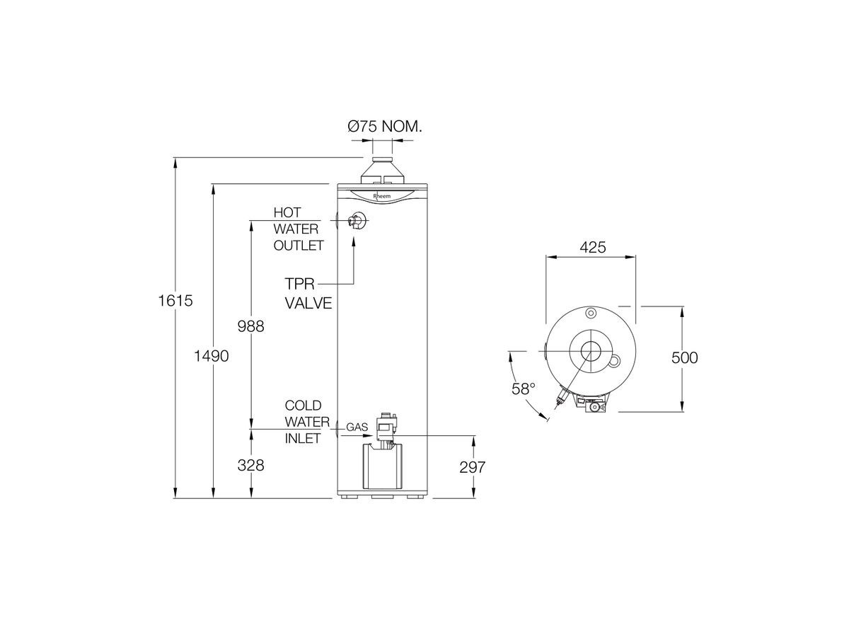 Reece Rheem 135L 3 Star Internal LPG Hot Water System