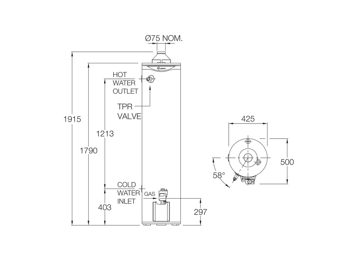 Reece Rheem 800 Series 170L 3 Star Internal Natural Gas Hot Water System