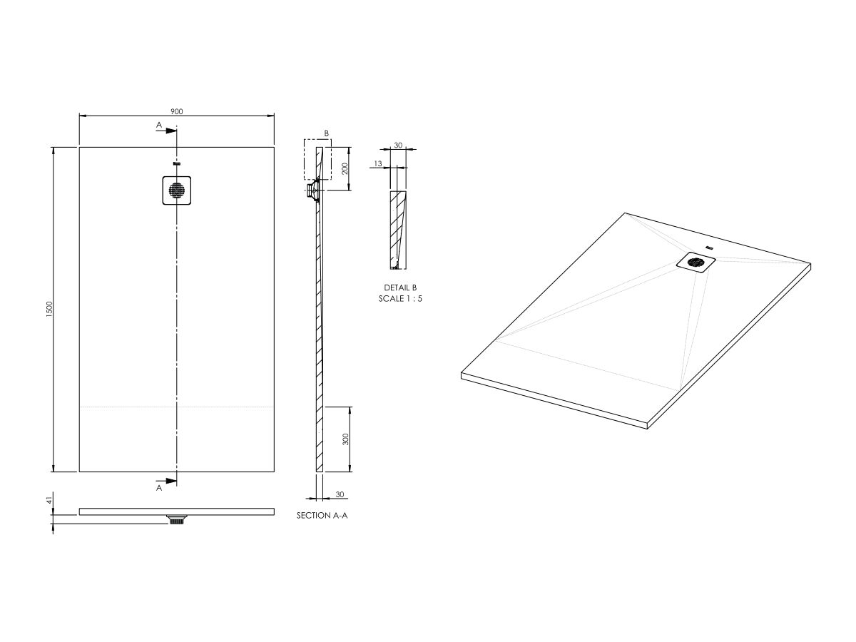 Reece Roca Cyprus Stonex Shower Floor 900mm X 1500mm Pizarra With Matching Waste