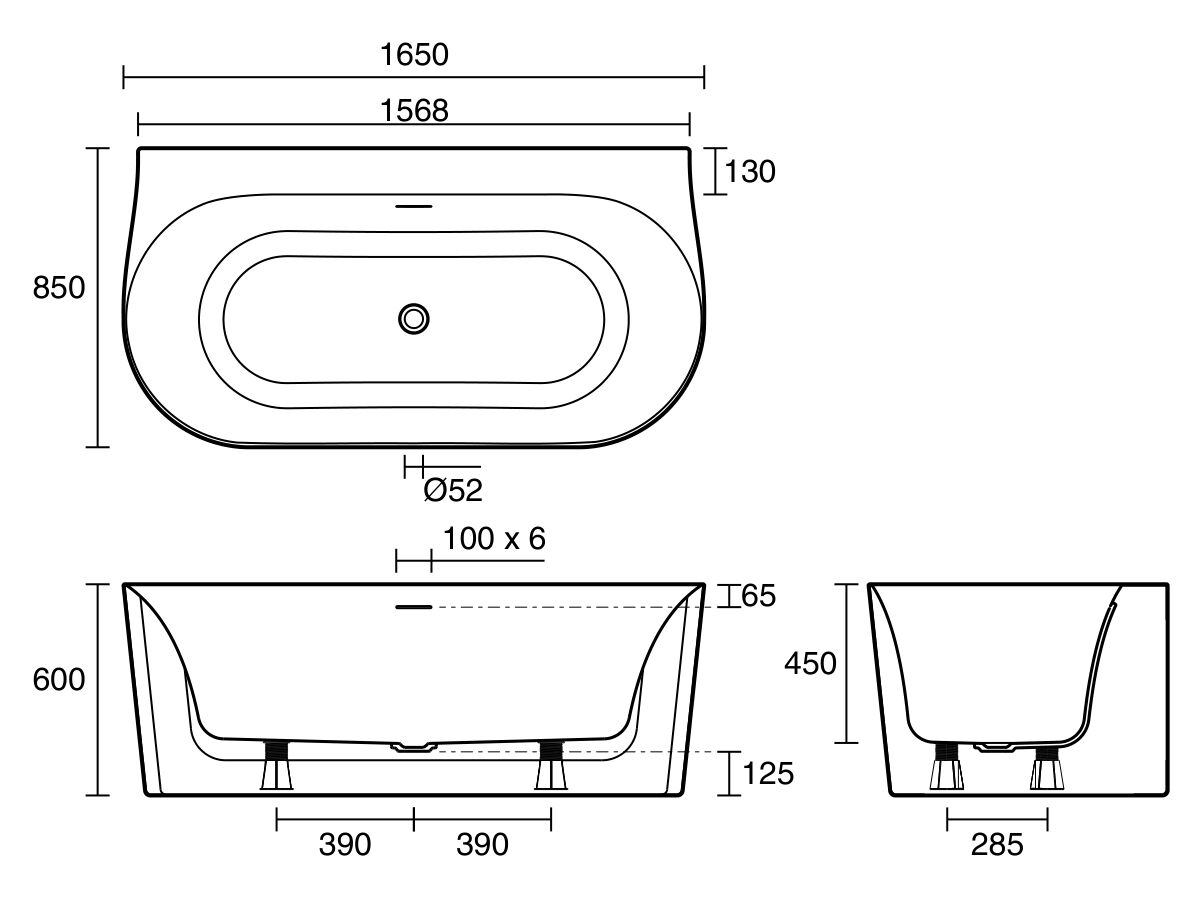 Reece Roca Inspira Back To Wall Bath 1650mm X 850mm Overflow White