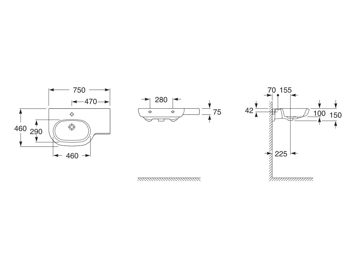 Reece Roca Meridian Wall Basin & Fixing Kit Left Hand Bowl With No Overflow 750mm 1 Taphole White