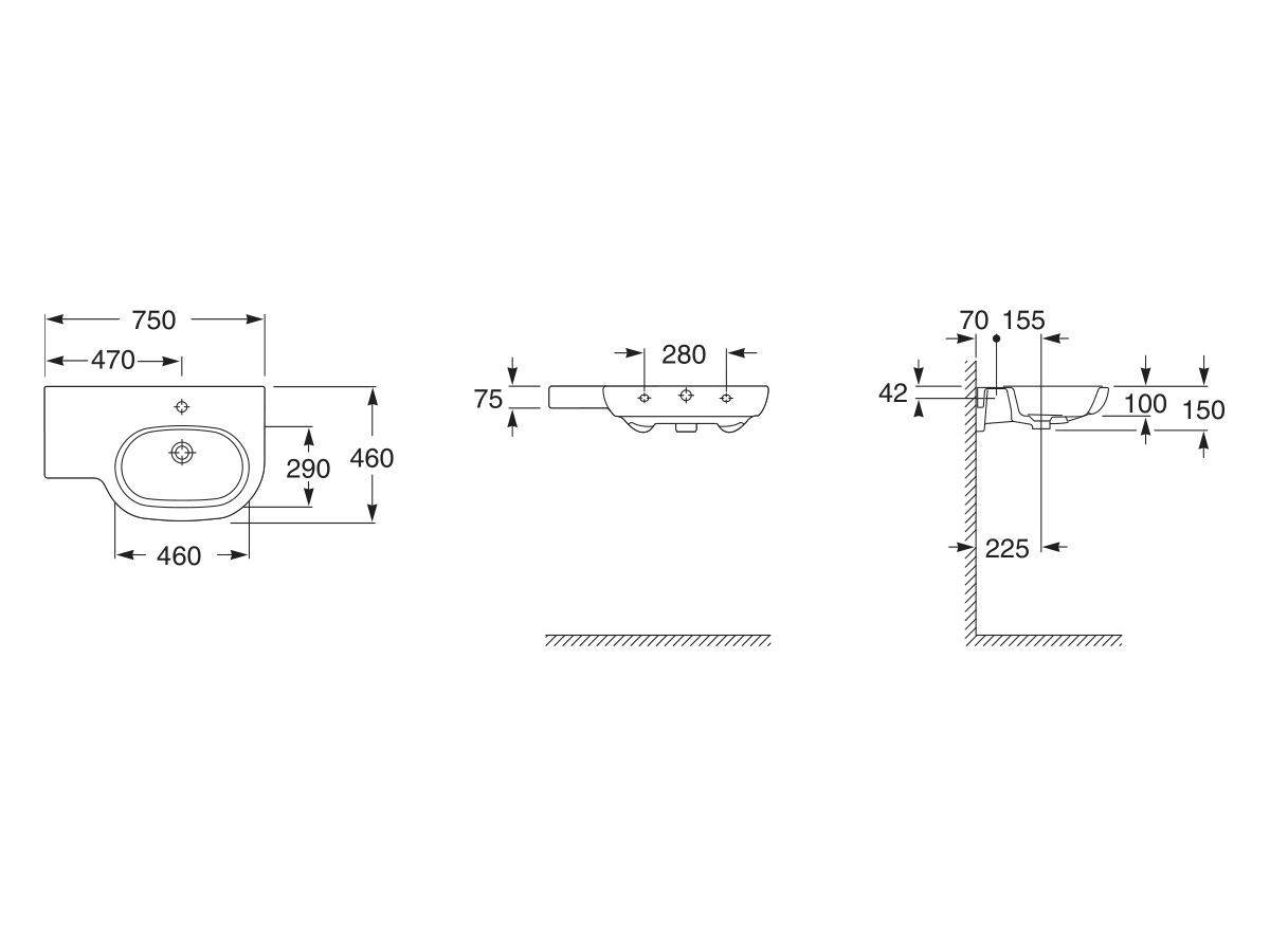 Reece Roca Meridian Wall Basin & Fixing Kit Right Hand Bowl With Overflow 750mm 1 Taphole White