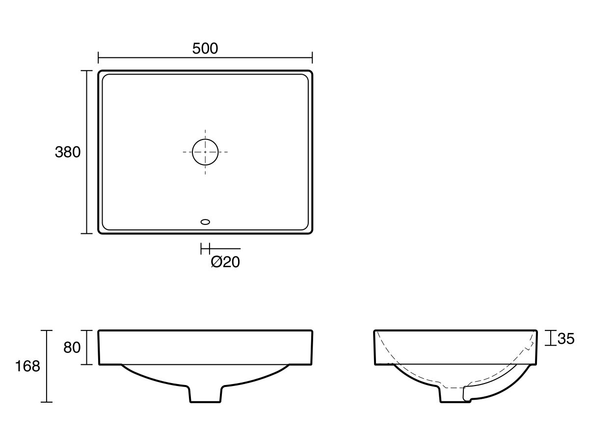 Reece Roca Ona Square Semi Inset Basin 500mm X 380mm No Taphole With Overflow White