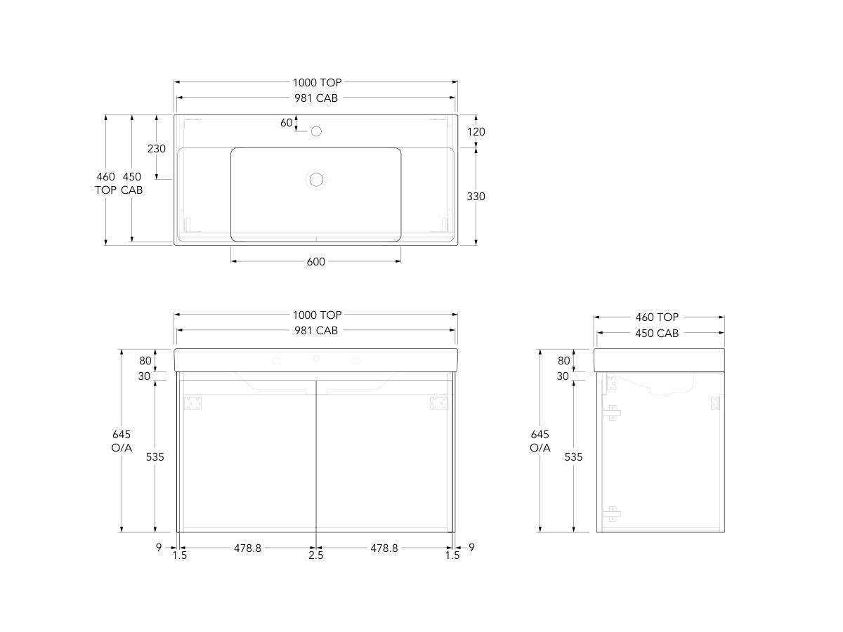 Reece Roca Ona Vanity All Door Centre Bowl 1000mm Matte White
