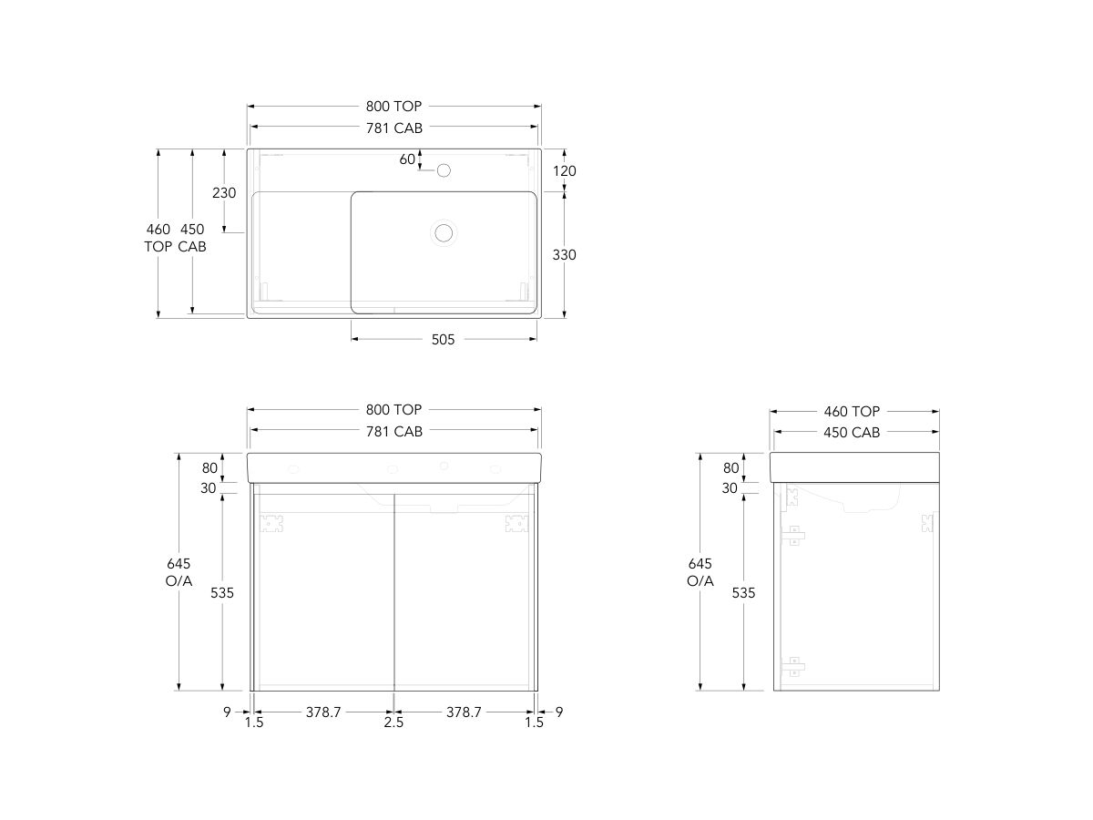 Reece Roca Ona Vanity All Door Right Hand Bowl 800mm Dark Elm