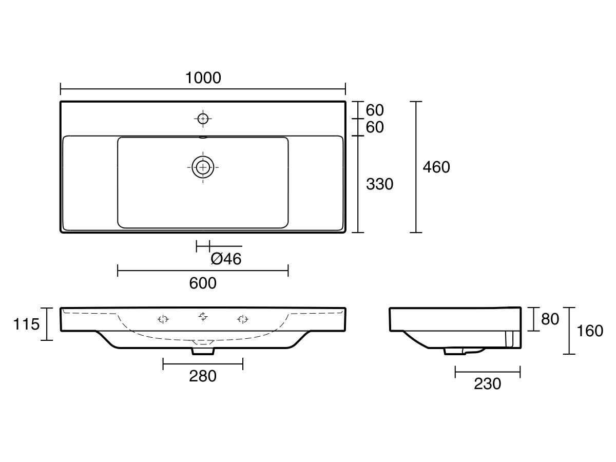 Reece Roca Ona Wall Basin With Fixings 1000mm X 460mm 1 Taphole Overflow White