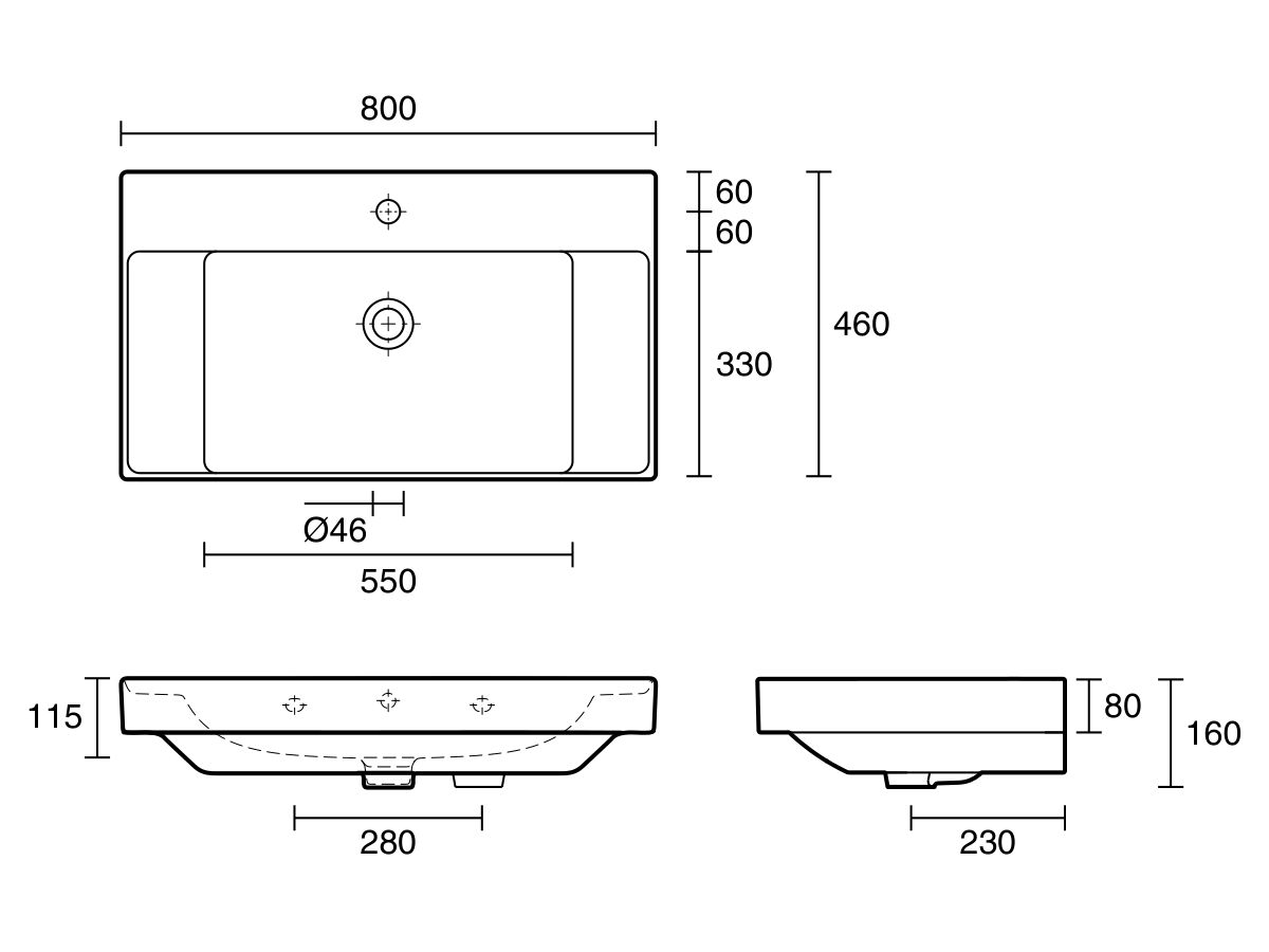 Reece Roca Ona Wall Basin With Fixings 800 X 460mm 1 Taphole Center Bowl Overflow White