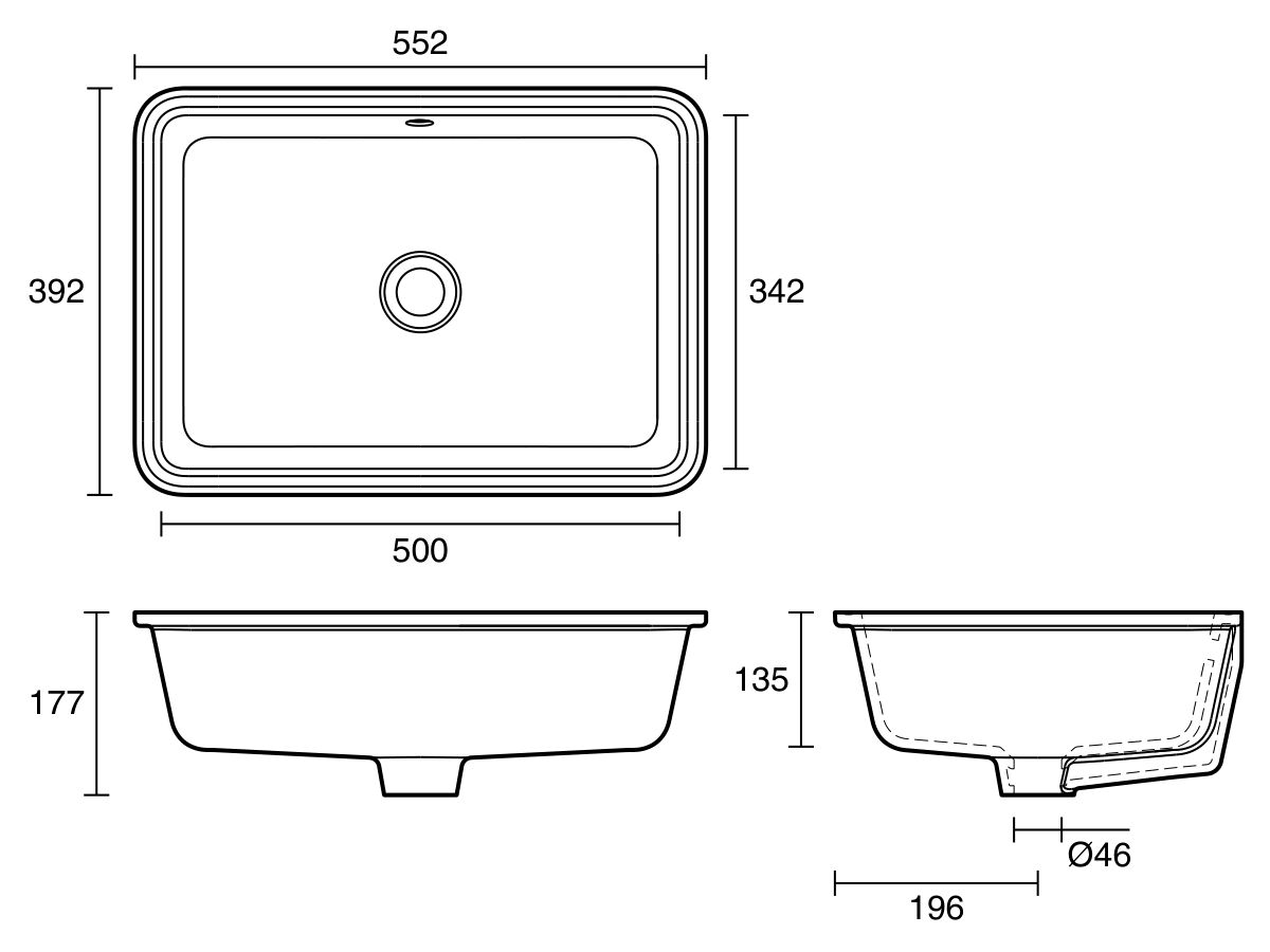 Reece Roca Sofia Under Counter Basin 552mm X 392mm No Taphole With Overflow White
