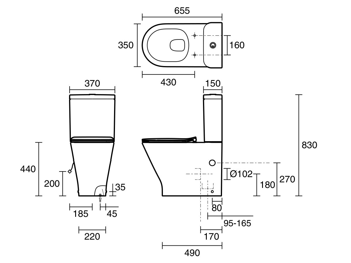 Reece Roca The Gap Round Close Coupled Back To Wall Rimless Overheight Bottom Inlet Toilet Suite With Soft Close Quick Release Thin Seat White (4 Star)