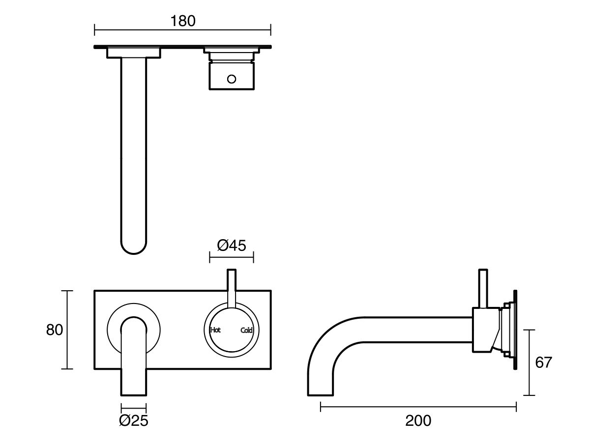 Reece Sussex Scala 25mm Curved Wall Basin Mixer Tap System Right Hand 200mm Outlet LUX PVD Brushed Smoked Gunmetal (6 Star)