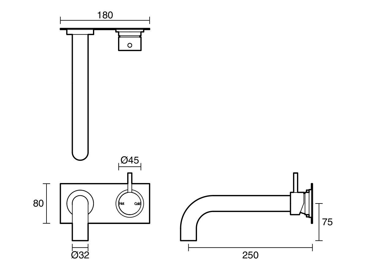 Reece Sussex Scala 32mm Curved Bath Mixer Tap Outlet System Right Hand 250mm Outlet LUX PVD Brushed Platinum Gold