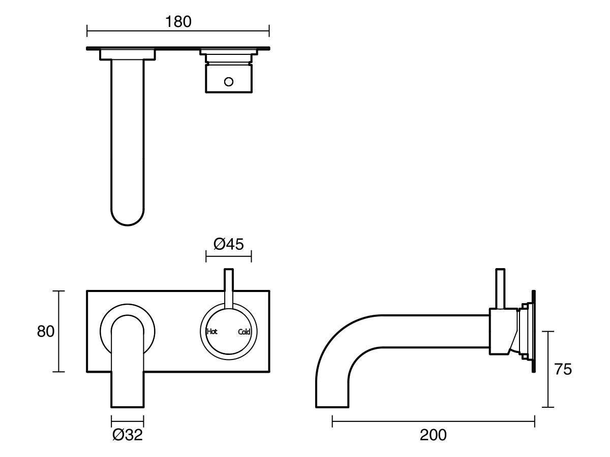 Reece Sussex Scala 32mm Curved Wall Basin Mixer Tap System Right Hand Mixer Tap 200mm Outlet LUX PVD Brushed Platinum Gold (6 Star)