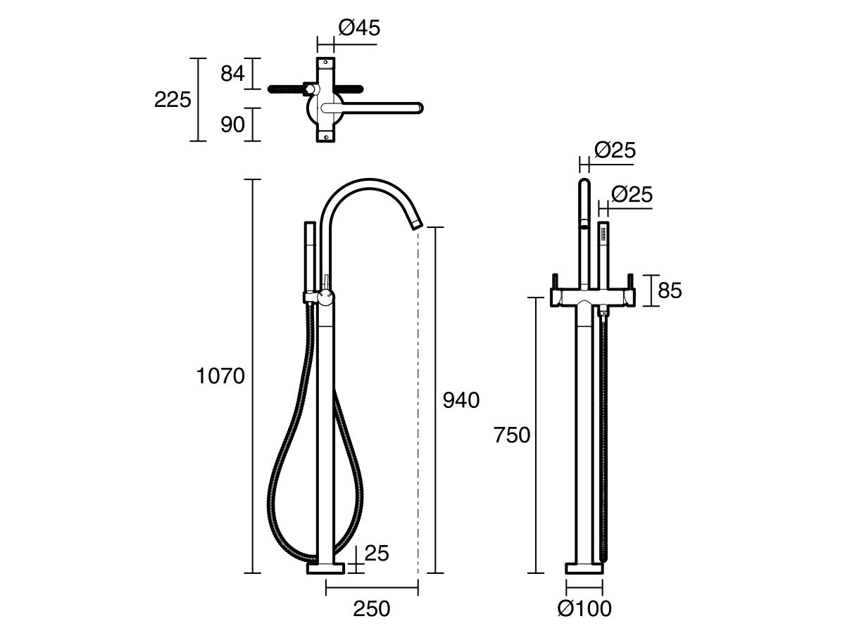 Reece Sussex Scala Floor Mounted Bath Mixer Tap Curved Outlet With Handshower Trimset LUX PVD Brushed Smoked Gunmetal (3 Star)