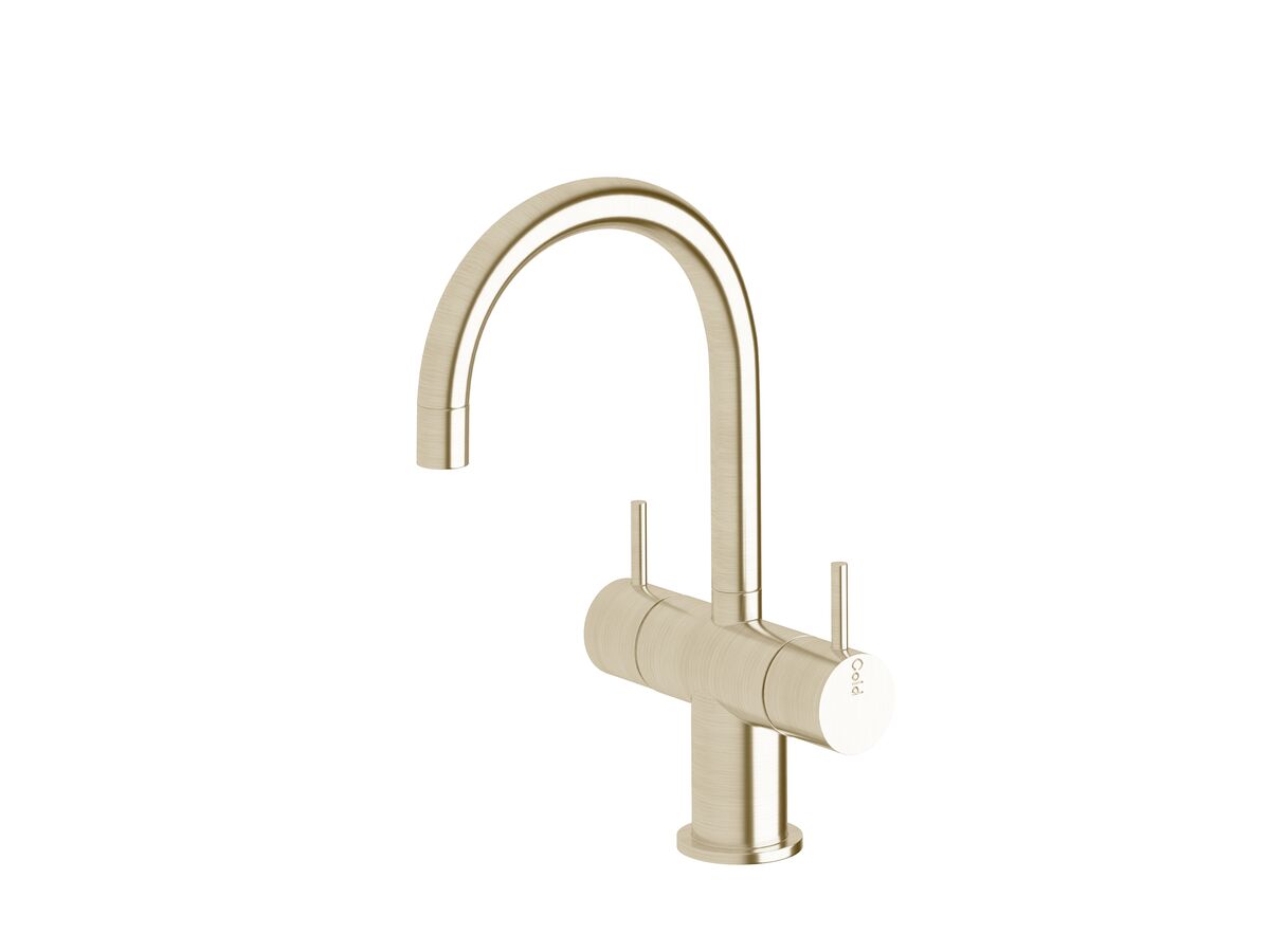 reece Sussex Scala Mini Twin Handle Mixer Tap Small Curved Spout LUX PVD Brushed Platinum Gold (5 Star)