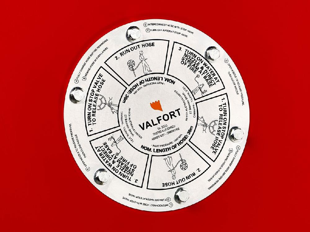 Reece Valfort 480 Fire Hose Reel 19mm Black Hose X 36mtr Metal Seated Union 1200kPa Working Pressure Tested To 1800kPa