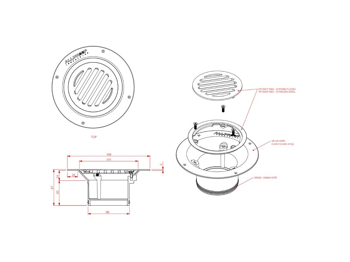 Reece Vinyl Floor Waste Round Open HDPE Complete Chrome Plated Brass 100mm