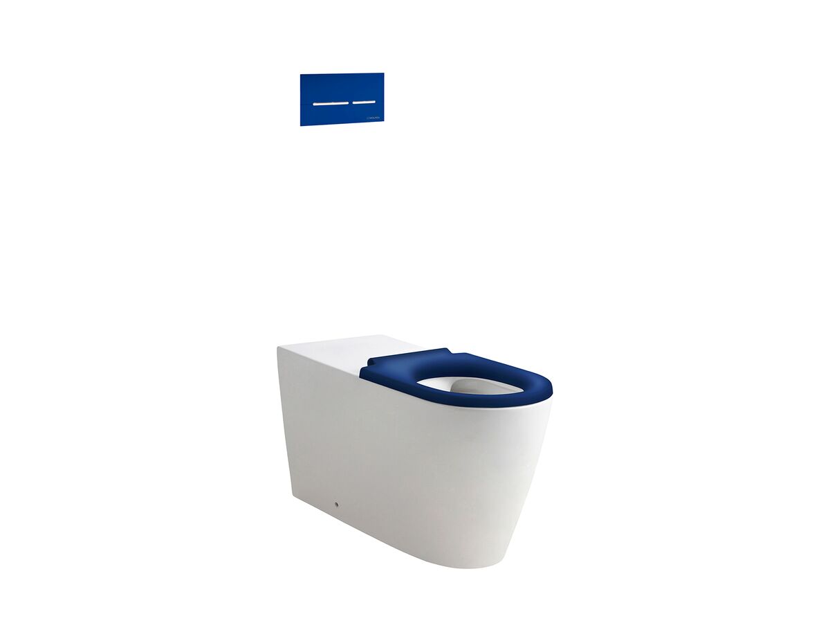 reece Wolfen 800 Back to Wall Rimless Inwall Toilet Suite with Single Flap Seat Blue Raised Height Button & Plate Blue Hideaway+ Inwall Cistern (4 Star)