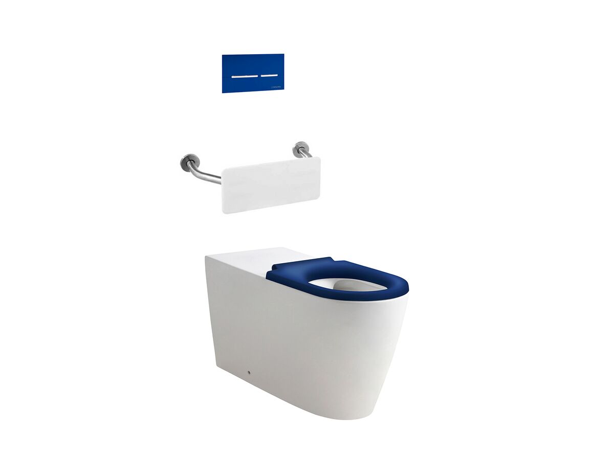 reece Wolfen 800 Back to Wall Rimless Inwall Toilet Suite with Single Flap Seat Blue Backrest Raised Height Button & Plate Blue Hideaway+ Inwall Cistern (4 Star)