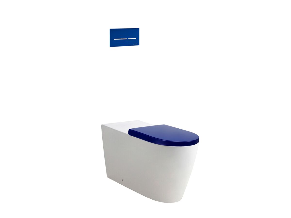reece Wolfen 800 Back to Wall Rimless Inwall Toilet Suite with Double Flap Seat Blue Raised Height Button & Plate Blue Hideaway+ Inwall Cistern (4 Star)