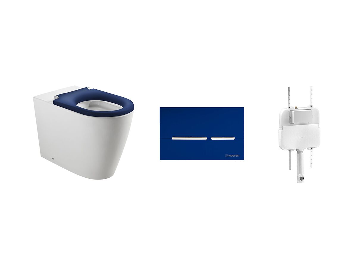 reece Wolfen Ambulant Back to Wall Inwall Rimless Toilet Suite Single Flap Seat Blue (4 Star)