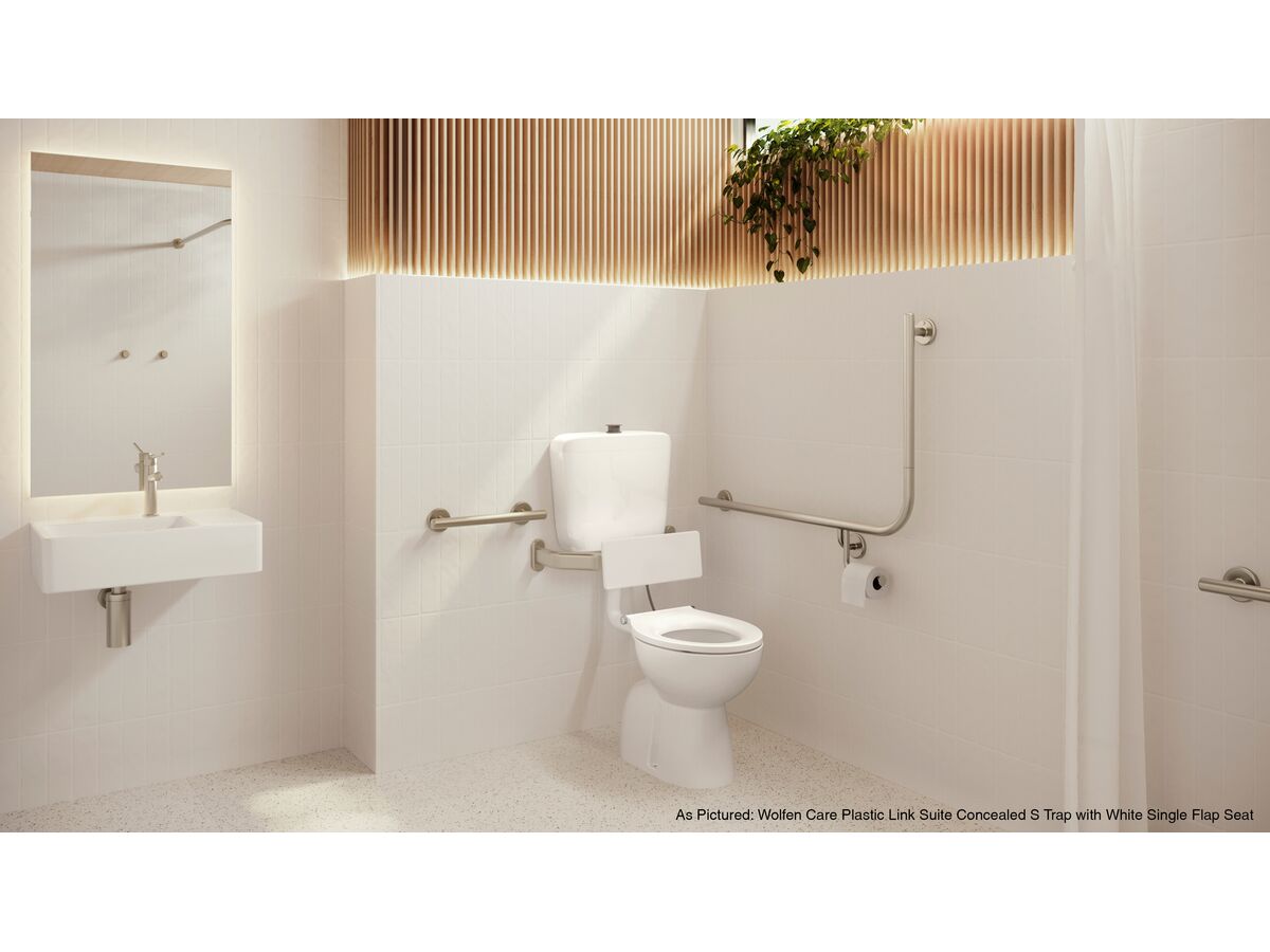 Reece Wolfen Care Plastic Link Toilet Suite Concealed S Trap Pan With Chrome Raised Button Grey Single Flap Seat & Back Rest (4 Star)