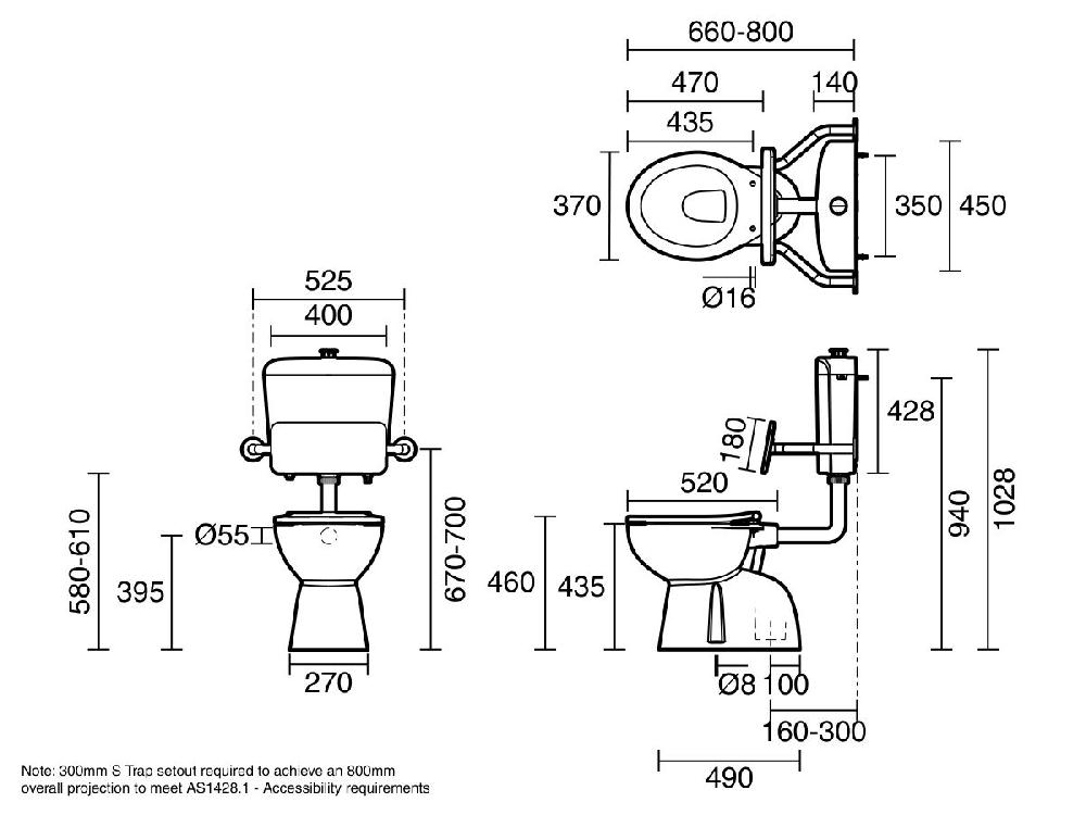 Reece Wolfen Care Plastic Link Toilet Suite Concealed S Trap Pan With Chrome Raised Button Grey Single Flap Seat & Back Rest (4 Star)