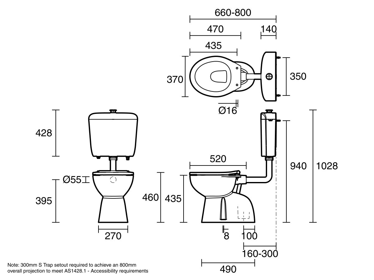 Reece Wolfen Care Plastic Link Toilet Suite Concealed S Trap Pan With Chrome Raised Buttons & Single Flap Seat Blue (4 Star)