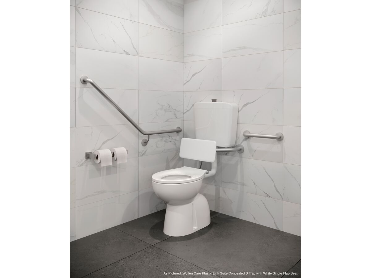 Reece Wolfen Care Plastic Link Toilet Suite Concealed S Trap Pan With Chrome Raised Button White Single Flap Seat & Back Rest (4 Star)