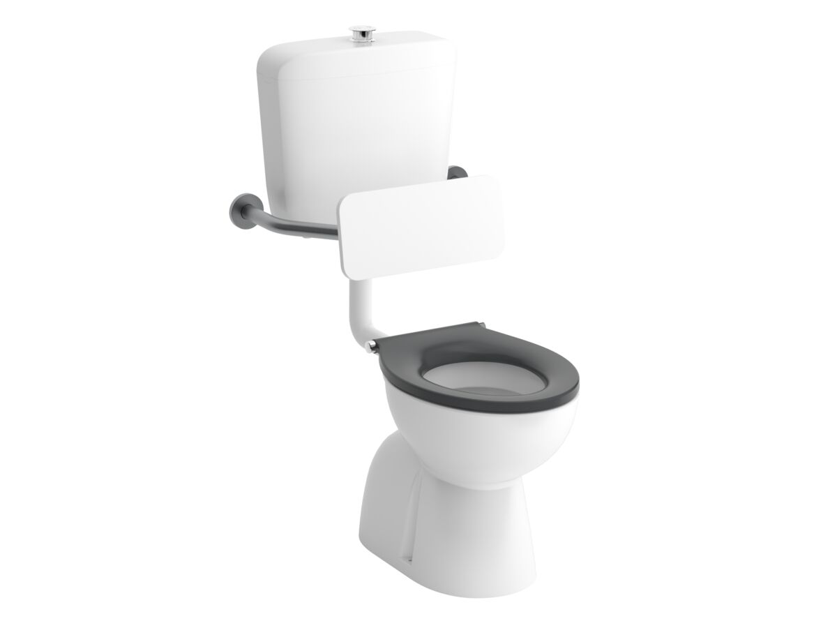 reece Wolfen Care Plastic Link Toilet Suite Concealed S Trap Pan with Chrome Raised Button Grey Single Flap Seat & Back Rest (4 Star)