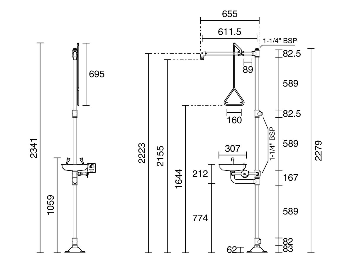 Reece Wolfen Freestanding Safety Shower & Eye Wash Hand Operated Polished Stainless Steel