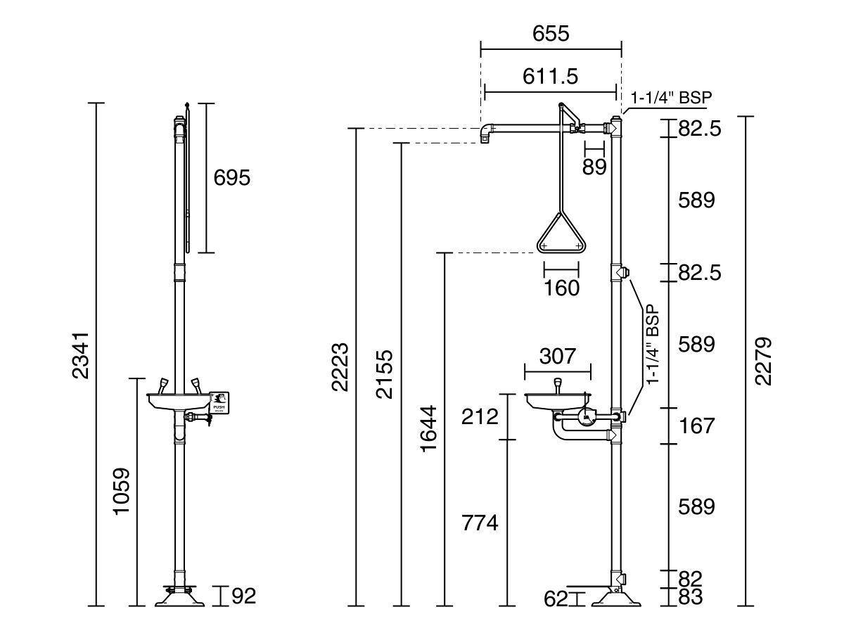 Reece Wolfen Freestanding Safety Shower & Eye Wash With Foot Pedal Polished Stainless Steel