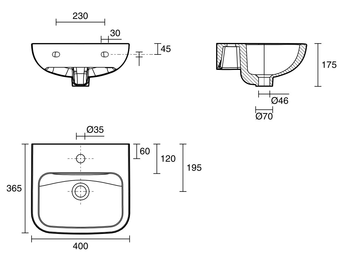 Reece Wolfen Wall Basin 400 X 365 X 175mm No Overflow & Fixings 1 Taphole White