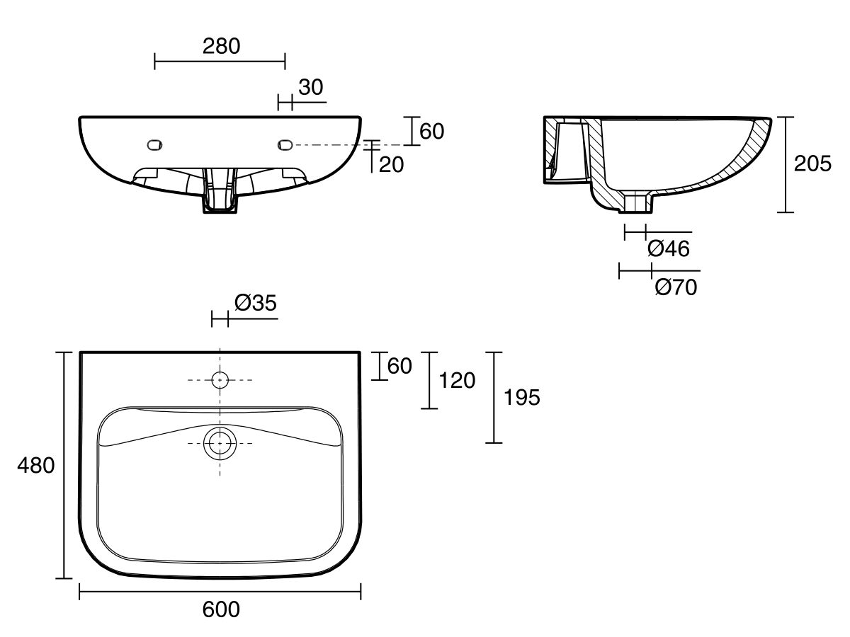 Reece Wolfen Wall Basin 600 X 480 X 205mm No Overflow & Fixings 1 Taphole White
